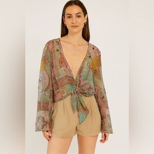 Cejon Multicolor Paisley Sheer Tie-Front Blouse. Size-Large